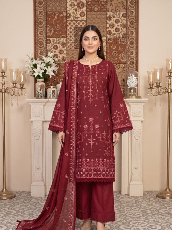 3PC Embroidery Lawn With Voil Emb Dupatta in Red | Summer Collection | Lehaza Pakistani Clothing