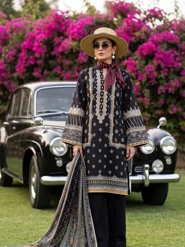 3PC Black Lawn Suit in Black | Summer Collection | Lehaza Pakistani Clothing