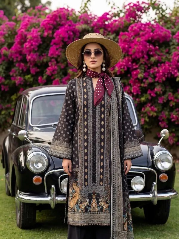 3PC Black Lawn Suit in Black | Summer Collection | Lehaza Pakistani Clothing