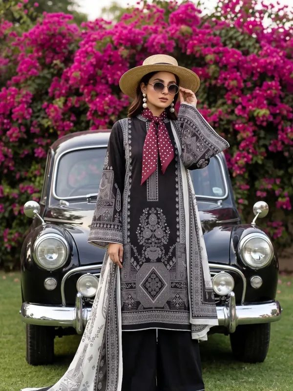 3PC Black Lawn Suit in Black | Summer Collection | Lehaza Pakistani Clothing